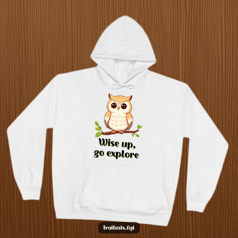 Funny hoodie featuring a smiling owl perched on a branch, looking ready for an exciting adventure, exuding wisdom and charm.