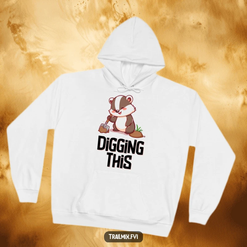 Funny hoodie featuring a happy badger digging with a trowel, providing warmth and a touch of industrious humor.