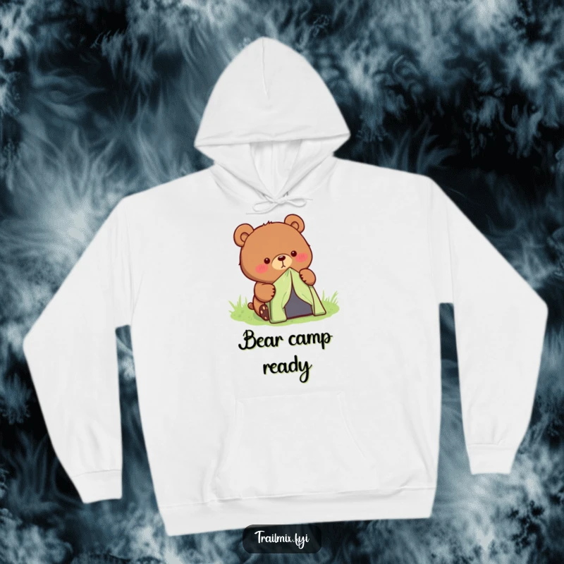 Funny determined bear character setting up a small tent, depicted on a soft, warm hoodie.