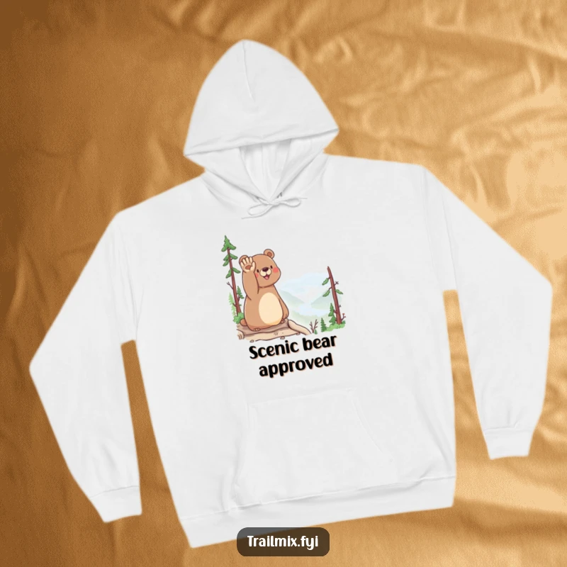 Funny Bear Hoodie: A happy bear waves hello from a scenic overlook, perfect for staying warm and cheerful.