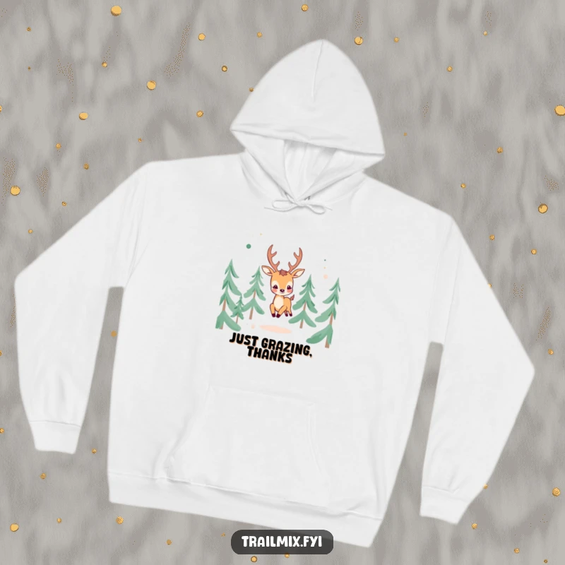 Funny Cheerful Deer Hoodie: A comfortable hoodie featuring a cheerful deer character frolicking through pine trees.