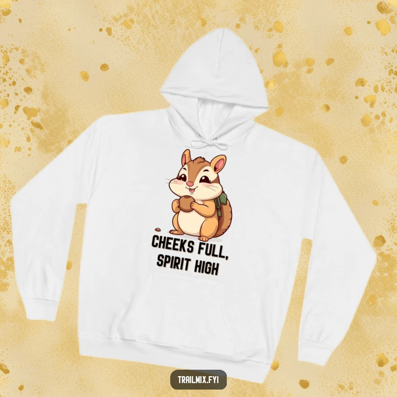 Funny hoodie with a cheerful chipmunk stuffing its cheeks with nuts, ready for a hike, perfect for cozy outdoor activities.