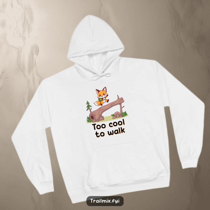 Funny fox hiker hoodie, leaping over a log, warm and durable, for brave explorers.