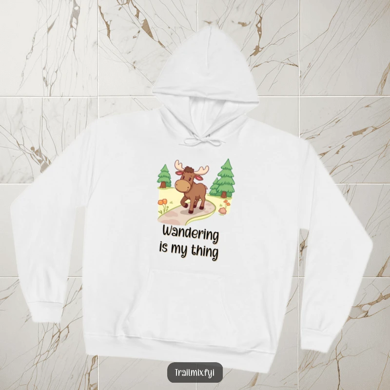 Funny moose hoodie, comfortably ambling on a winding path through a serene forest, offering warmth and woodland charm.