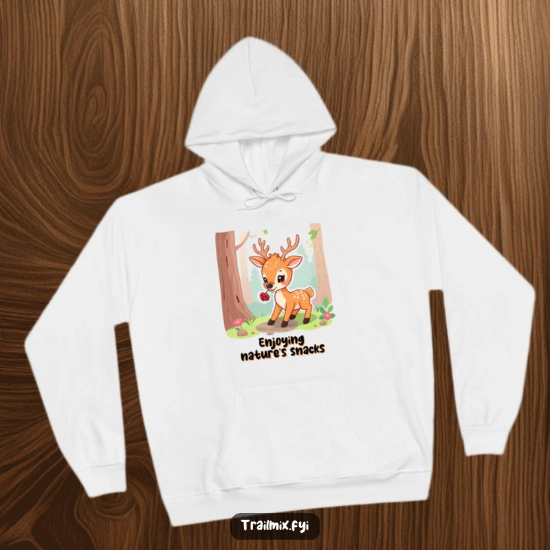 Funny hoodie depicting a playful deer pausing on a forest path, nibbling on a berry, designed for warmth and tranquility.