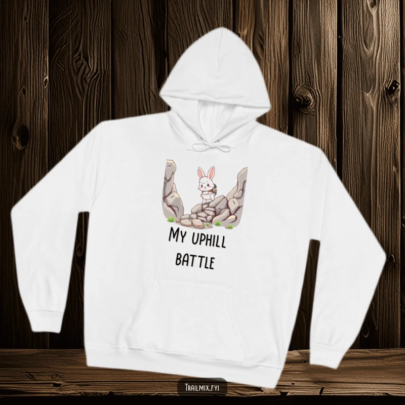 Funny rabbit hoodie, fluffy adventurer scrambling up a rocky path, warm and soft, humorous gift.