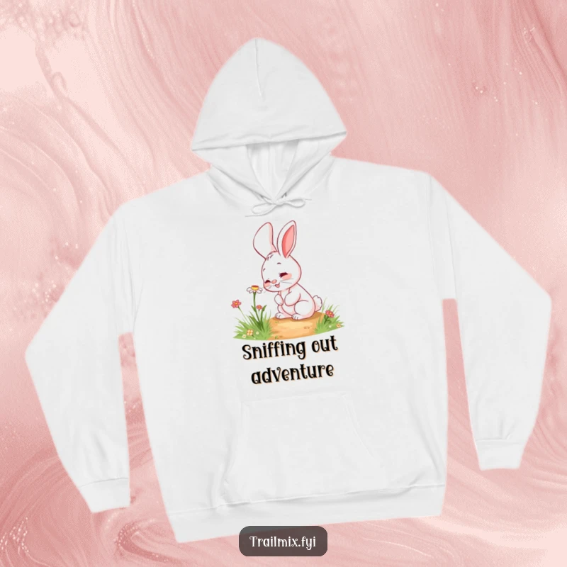 Funny rabbit hoodie featuring a giggling character curiously sniffing a beautiful wildflower along a peaceful path, ideal for comfort.