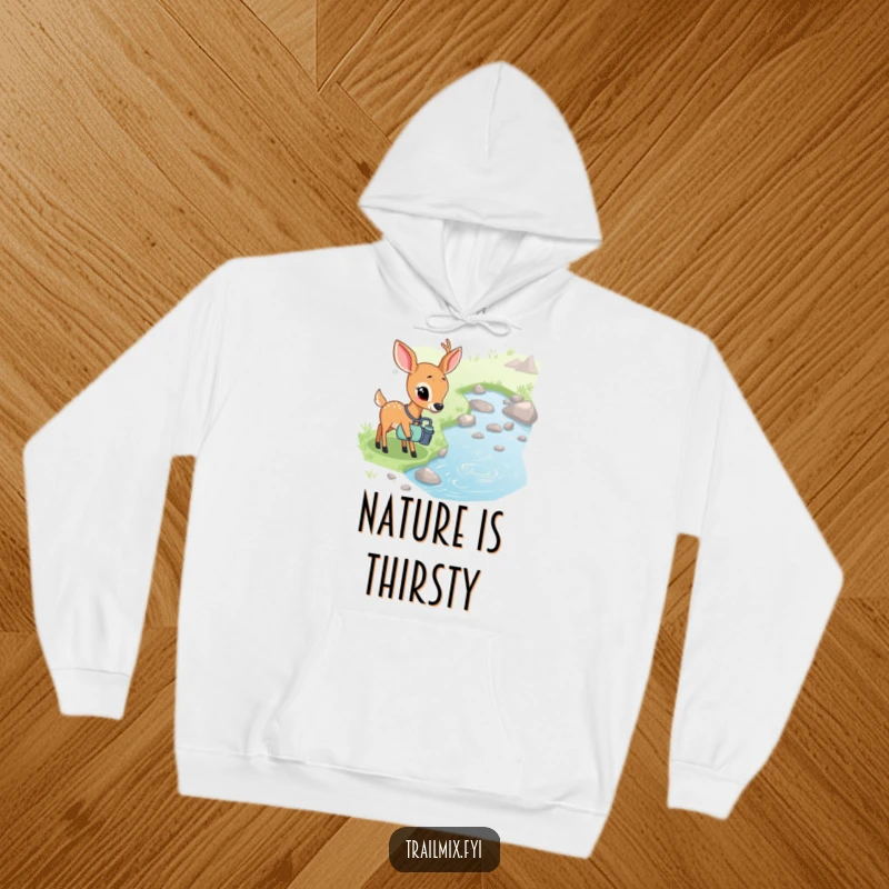 Funny hoodie with a shy deer with a canteen curiously observing a bubbling stream, designed for comfort and quiet contemplation.
