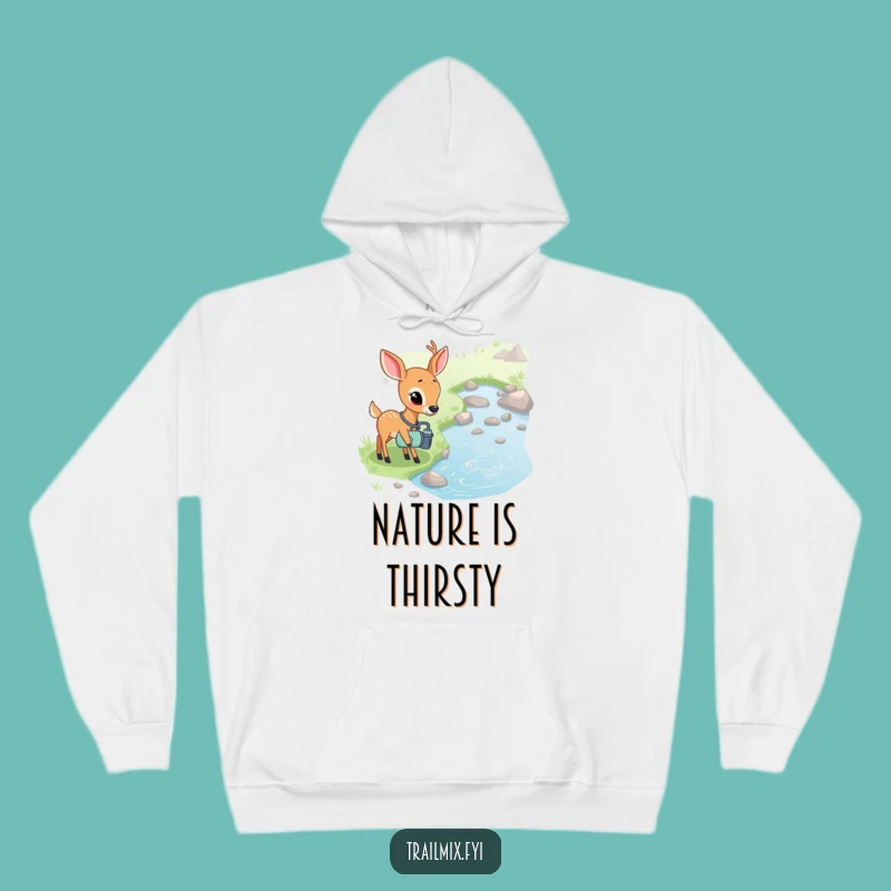 Funny Shy Deer Stream Adventure Hoodie - Cozy Nature Character Apparel