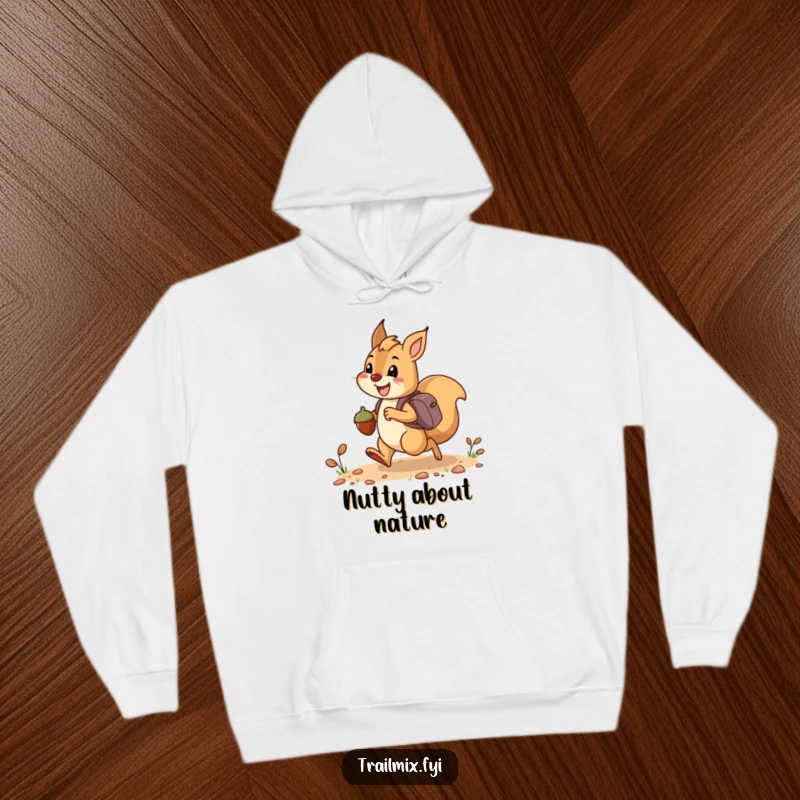 Funny hoodie depicting a happy squirrel bounding along a trail, loaded with acorns like tiny backpacks, offering warmth and smiles.
