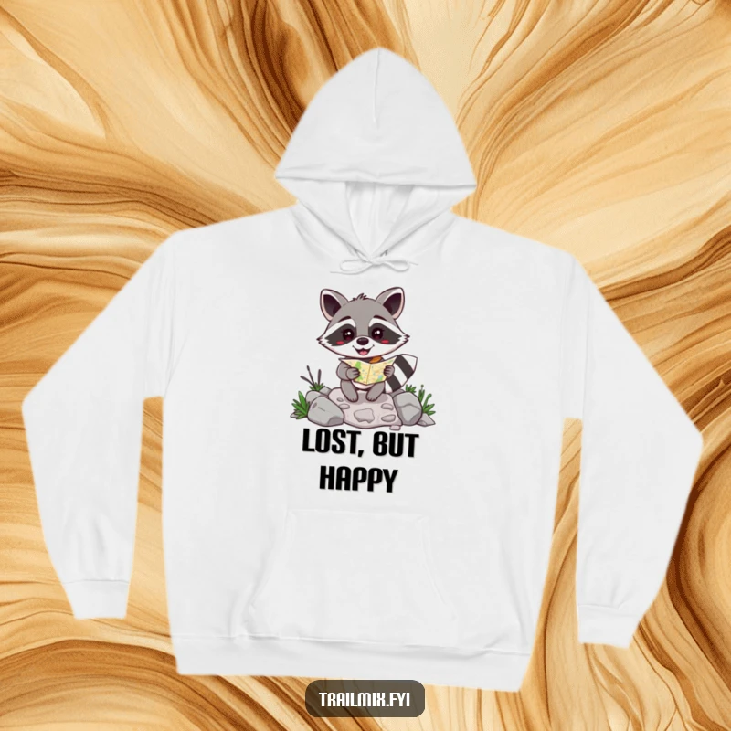Funny happy raccoon with a map navigating a rocky path on a cozy hoodie, for explorers.