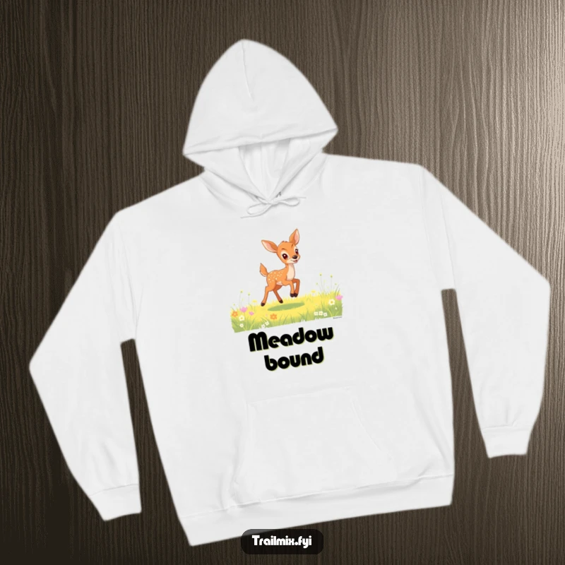 Funny deer fawn hoodie showing a gleeful fawn bounding through a sunlit meadow, offering warmth and woodland charm.