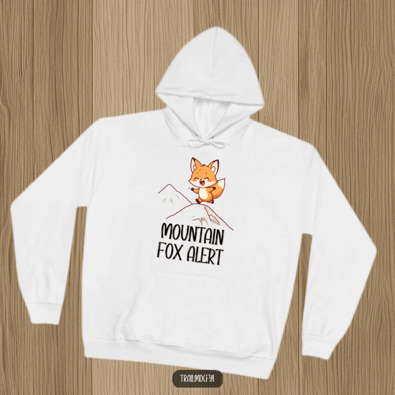 Funny fox hoodie featuring a delighted character playfully bounding up a mountain slope, ideal for staying warm on adventures.