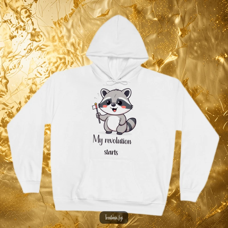 Funny hoodie featuring a cheerful raccoon waving a flag, ideal for staying warm and festive, making a great funny gift.