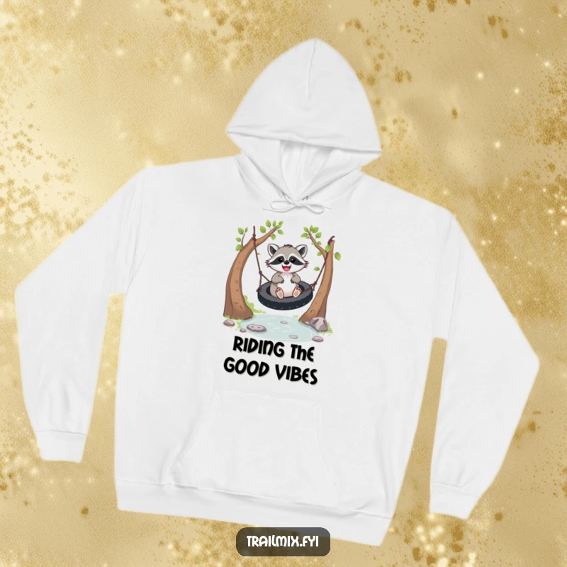 Funny joyful racoon hoodie, looking ecstatic while swinging, embodying pure happiness. Comfortable and whimsical apparel.