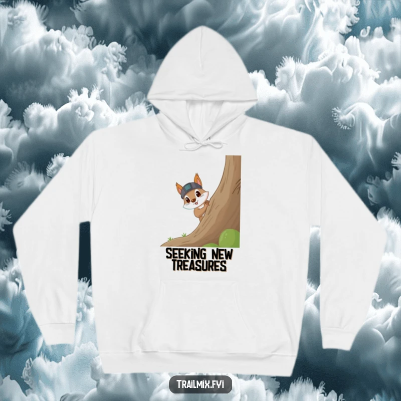 Funny Squirrel Hoodie: Soft hoodie featuring a curious squirrel wearing a headlamp, excitedly peeking around a large tree, ready for anything.