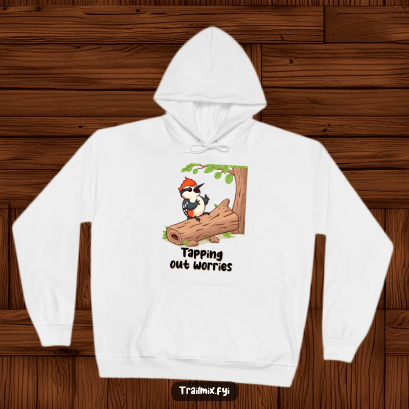 Funny hoodie with a happy woodpecker tapping a rhythm on a log, providing warmth and a funny reminder of nature's music.