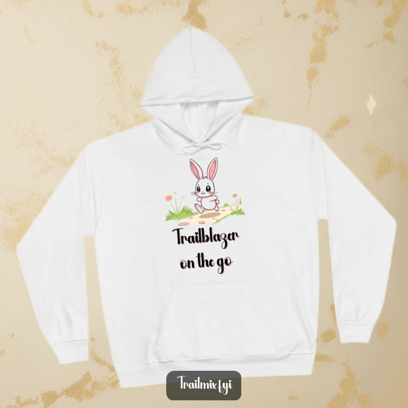 Funny playful bunny hopping with wide eyes on a cozy hoodie, perfect for comfort and humorous style.