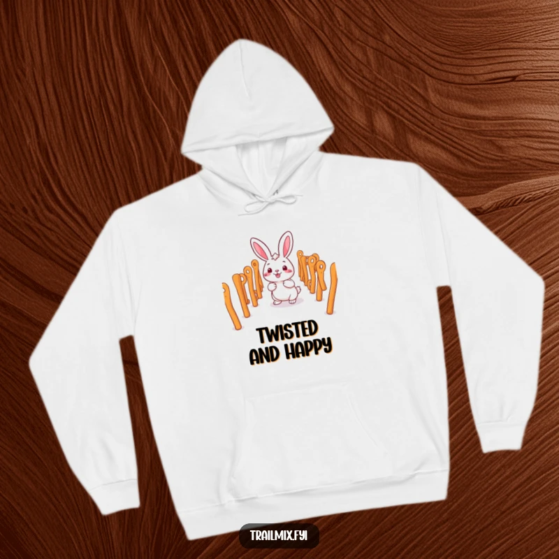 Funny smiling rabbit character happily navigating a maze of pretzel sticks on a cozy hoodie.