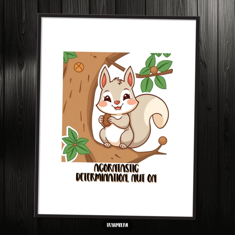 Funny Free Printable Wall Art depicting a smiling squirrel character diligently storing nuts in a tree with focus.