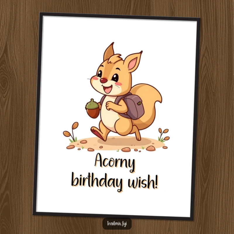 Free Printable Wall Art: A happy squirrel bounding along a trail, carrying acorns like tiny backpacks.