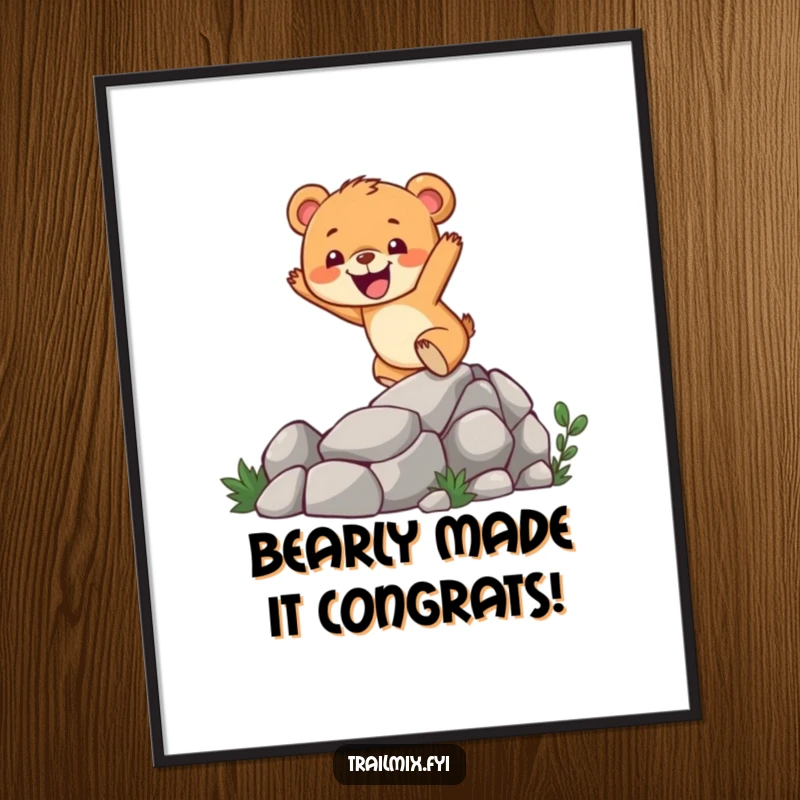 Funny Free Printable Wall Art: Cheerful bear cub enthusiastically climbing a rocky trail, bringing adventure and laughter to any room.