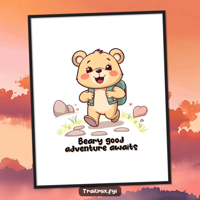 Funny Free Printable Wall Art: A happy bear with a backpack strides joyfully up a path, creating a cozy downloadable art piece.