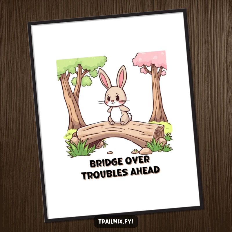 Free Printable Wall Art: A brave little rabbit character confidently crossing a log bridge with a determined expression.