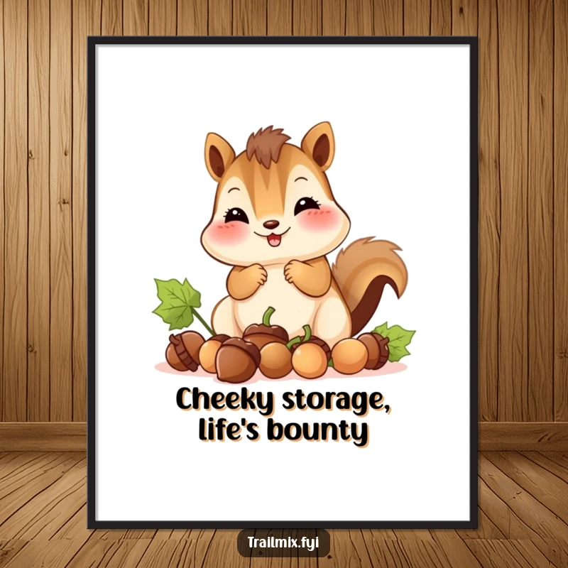 Funny Free Printable Wall Art: Smiling chipmunk enthusiastically gathers acorns, cheeks comically stuffed for winter prep.