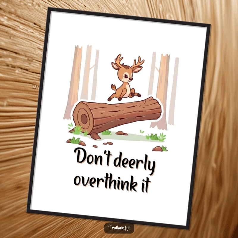 Funny Free Printable Wall Art depicting a determined deer character leaping gracefully over a fallen log in a forest.