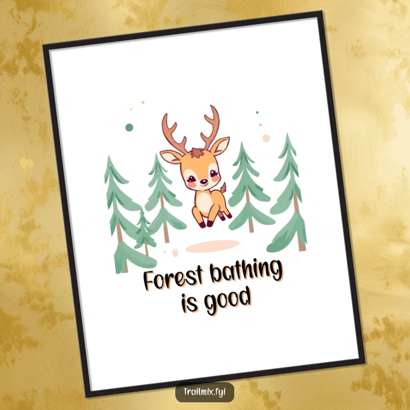 Funny Free Printable Wall Art of a cheerful deer character frolicking through abstract pine trees, capturing the beauty and joy of nature.