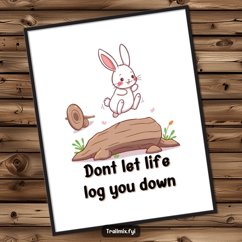 Free Printable Wall Art: A playful bunny rabbit leaps energetically over a fallen log, adding charm to decor.