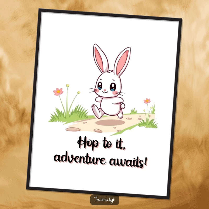 Funny Free Printable Wall Art: Playful bunny hopping across a trail, wide-eyed with wonder, whimsical downloadable art.