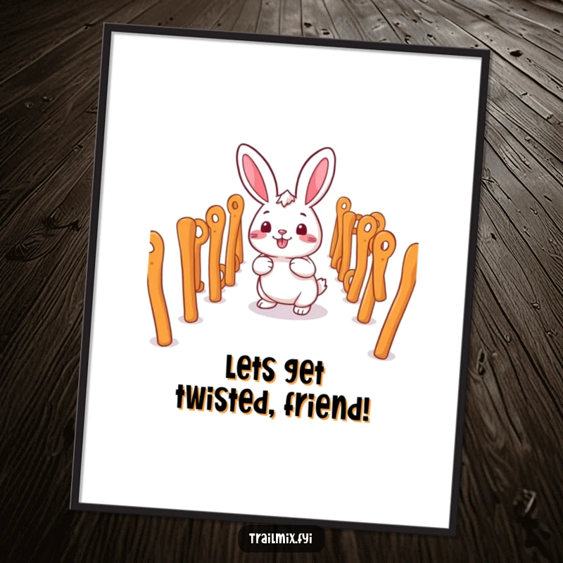 Funny Free Printable Wall Art: Smiling rabbit character happily navigating a maze made of pretzel sticks, a charming and witty scene.