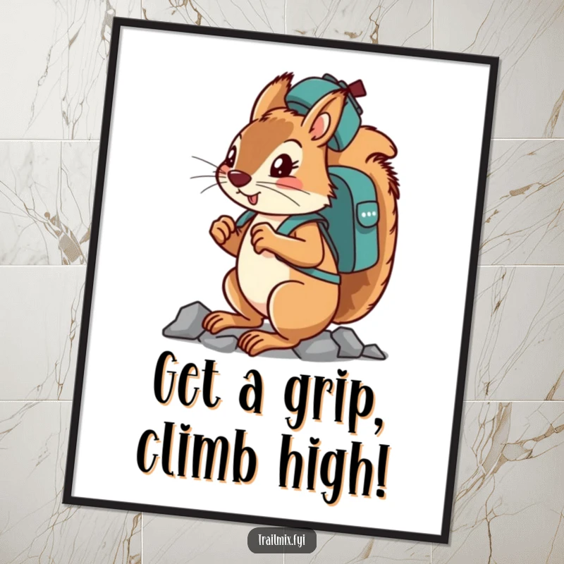 Funny Free Printable Wall Art: Determined squirrel character climbing skillfully while balancing a backpack on its head, a motivational scene.