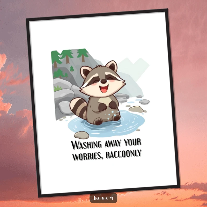 Funny Free Printable Wall Art: A giggling raccoon happily washes its paws in a clear mountain stream, bringing joy.