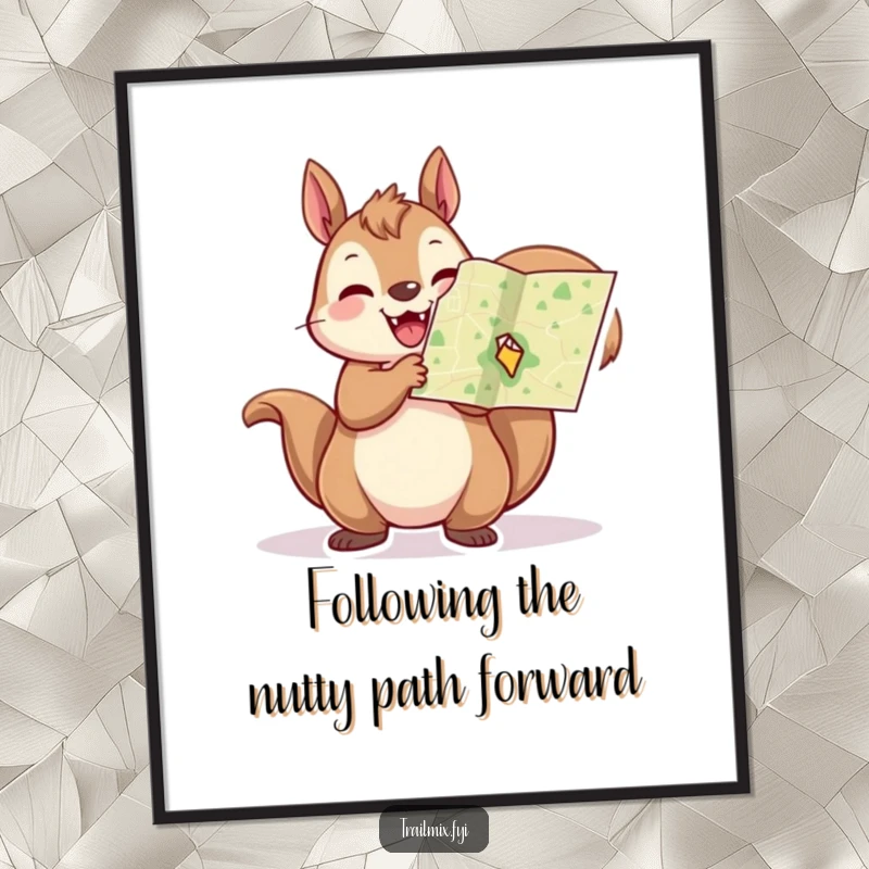 Free Printable Wall Art: A cheerful squirrel holds a tiny map aloft, looking ready for an exciting adventure.