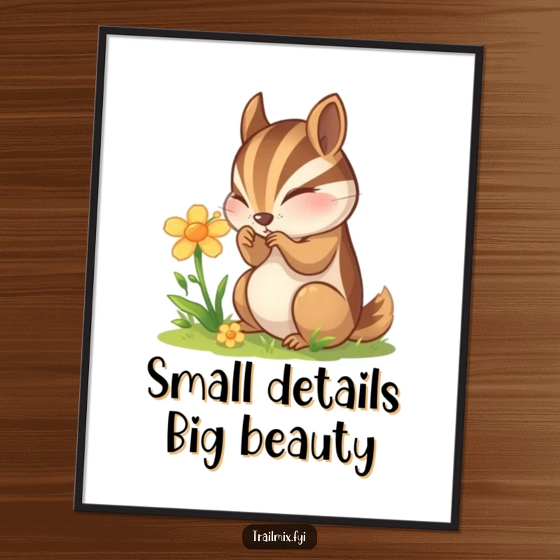 Funny Free Printable Wall Art: Curious chipmunk observing a tiny wildflower with intense focus.
