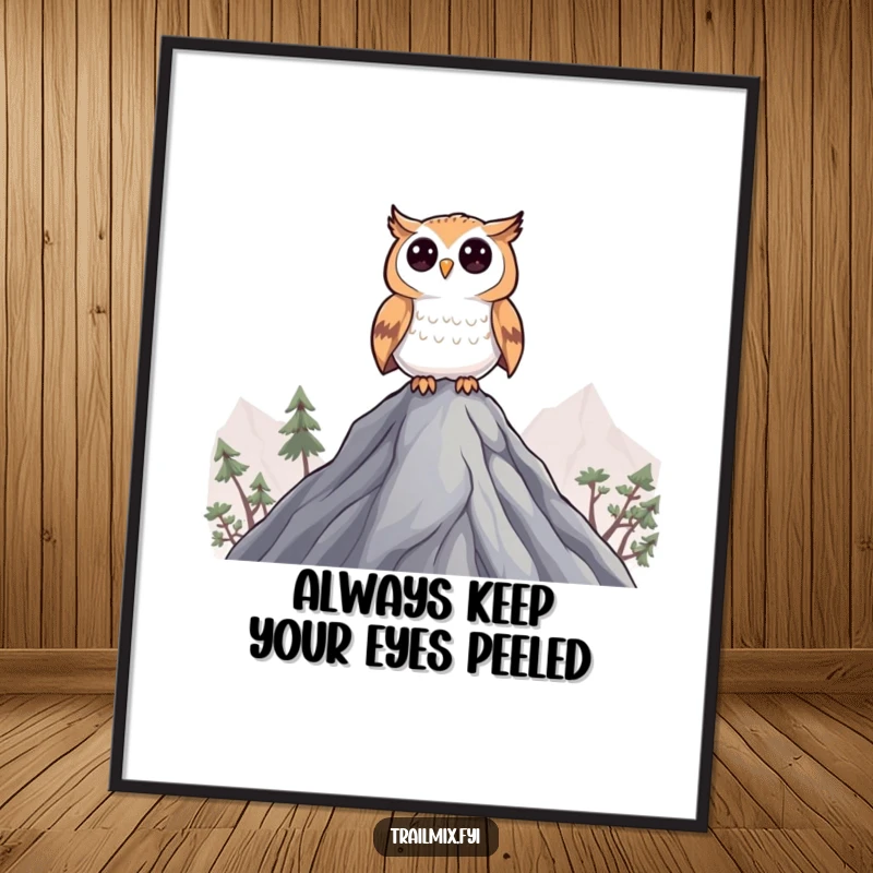 Funny Free Printable Wall Art of a curious owl character perched on a mountain peak, surveying the scene with an air of wisdom and humor.