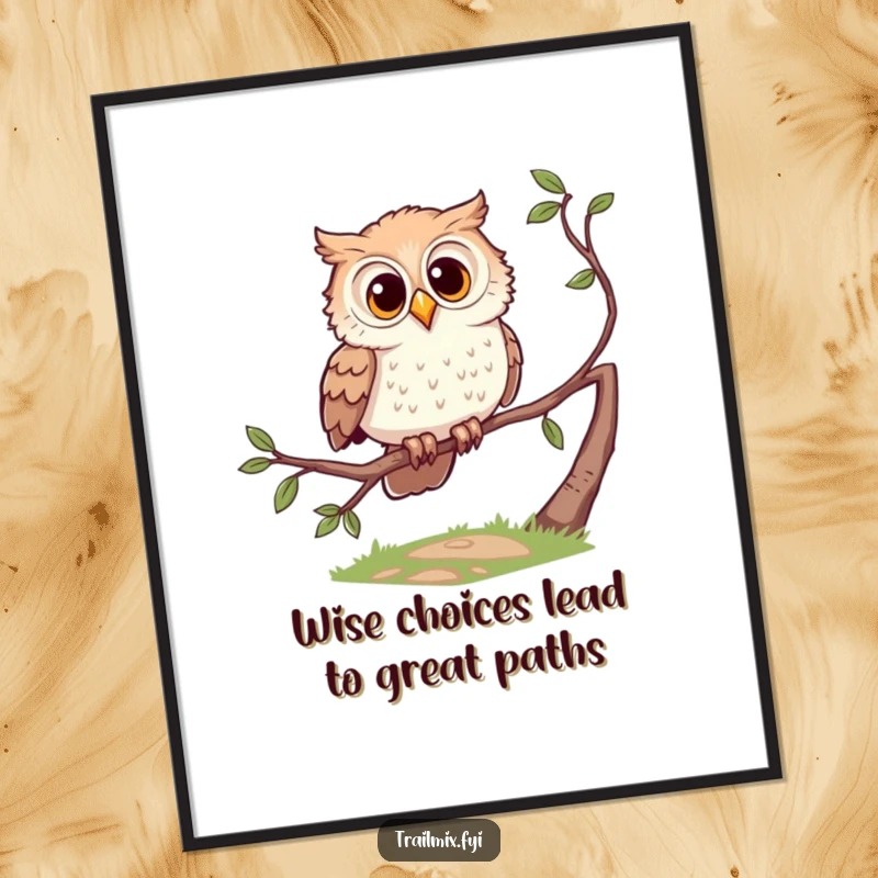 Funny Free Printable Wall Art: Curious cartoon owl perched on a branch, looking down a path, a humorous piece.