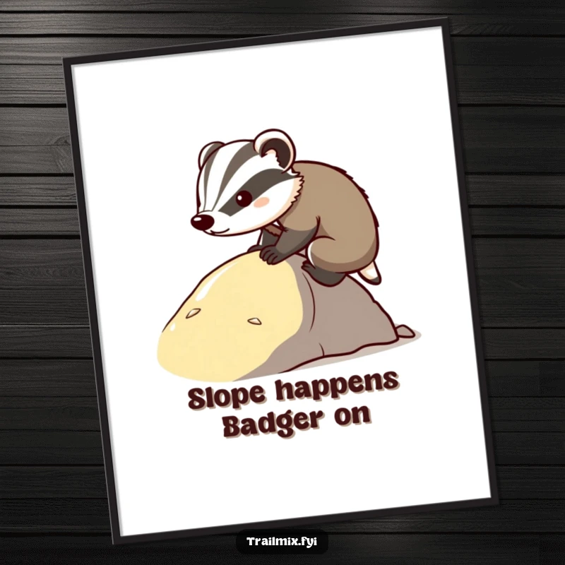 Funny free printable wall art depicting a resolute badger steadily climbing a grassy slope, embodying perseverance and strength.