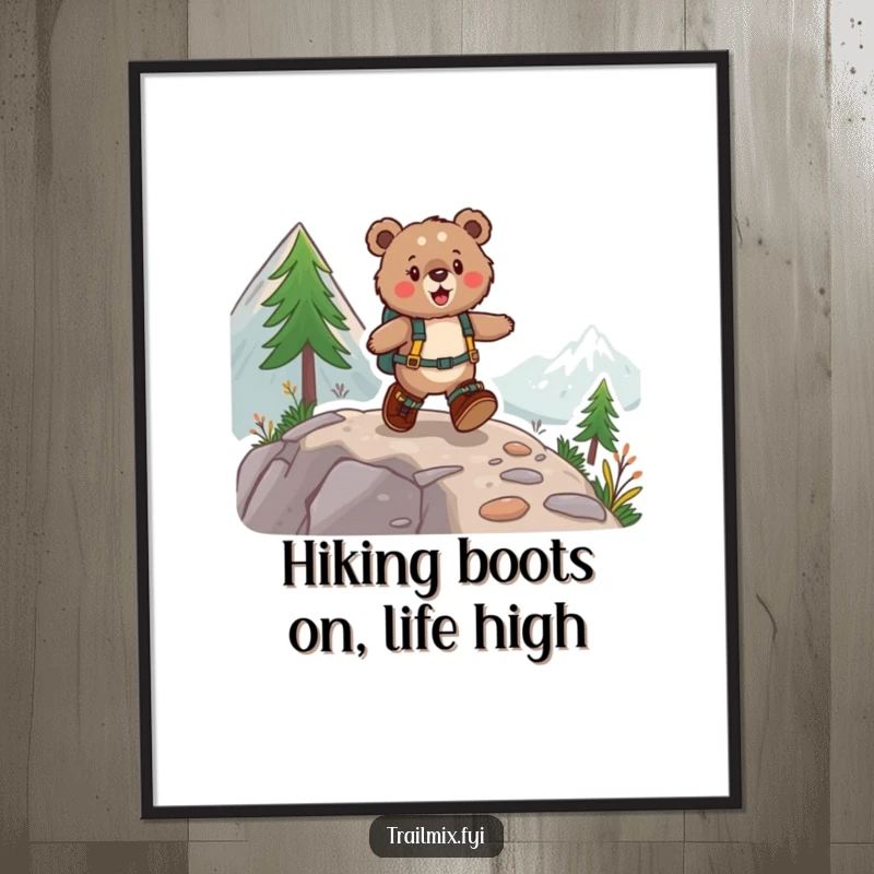 Funny Free Printable Wall Art: A happy, fuzzy bear in hiking boots joyfully skipping up a mountain path.