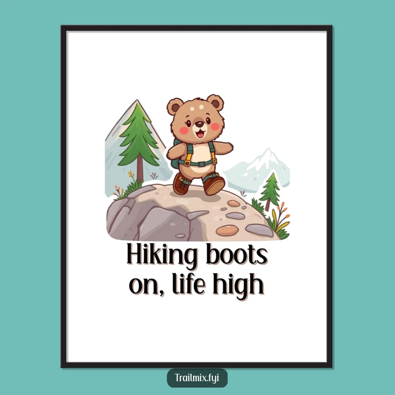 Free Printable Wall Art: Funny Bear Skipping Mountain Path, Humorous Downloadable Art