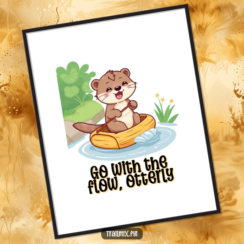 Funny Free Printable Wall Art depicting a joyful otter navigating a tiny raft across a serene blue stream.