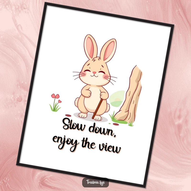 Funny free printable wall art of a smiling, exhausted rabbit with a walking stick pausing to admire a breathtaking natural view.