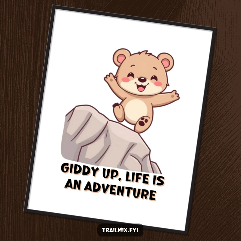 Funny Free Printable wall art of a happy bear cub balancing with glee on a narrow ridge, exuding joy, downloadable decor.