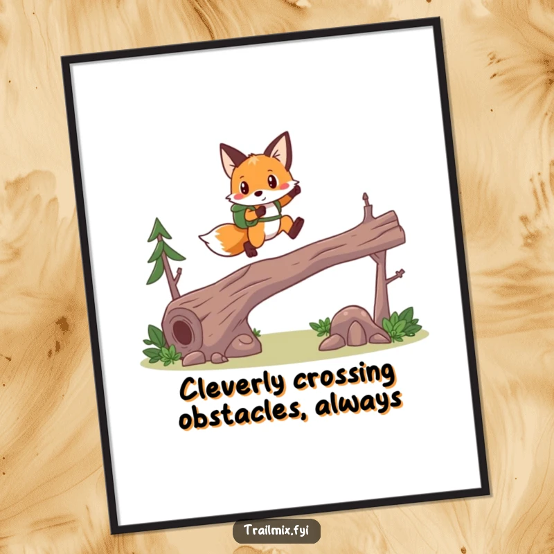 Funny Free Printable wall art of a brave fox hiker mid-leap over a fallen log, embodying adventure, downloadable decor.