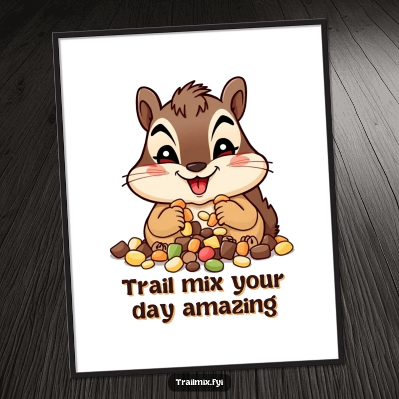 Funny Free Printable Wall Art: Adorable chipmunk joyfully eating trail mix, a humorous downloadable piece.