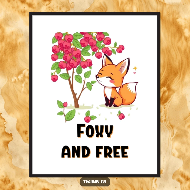 Funny Free Printable Wall Art: A cheerful fox with a keen nose, excitedly sniffing a wild berry bush.