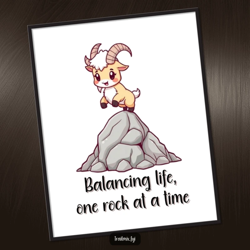 Funny free printable wall art: A determined mountain goat stands proudly on a jagged rocky outcrop, showcasing balance.